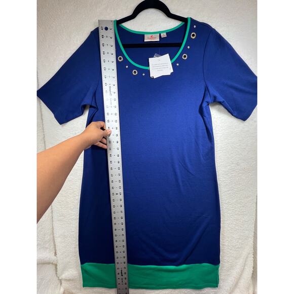 Quacker Factory Blue Green Embellished Shift T Shirt Dress Womens Medium NWT - Picture 6 of 12